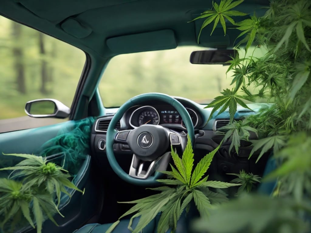 Ilustración de hojas de cannabis junto a un volante y señales de tráfico, representando el análisis detallado de los efectos del cannabis en la conducción.